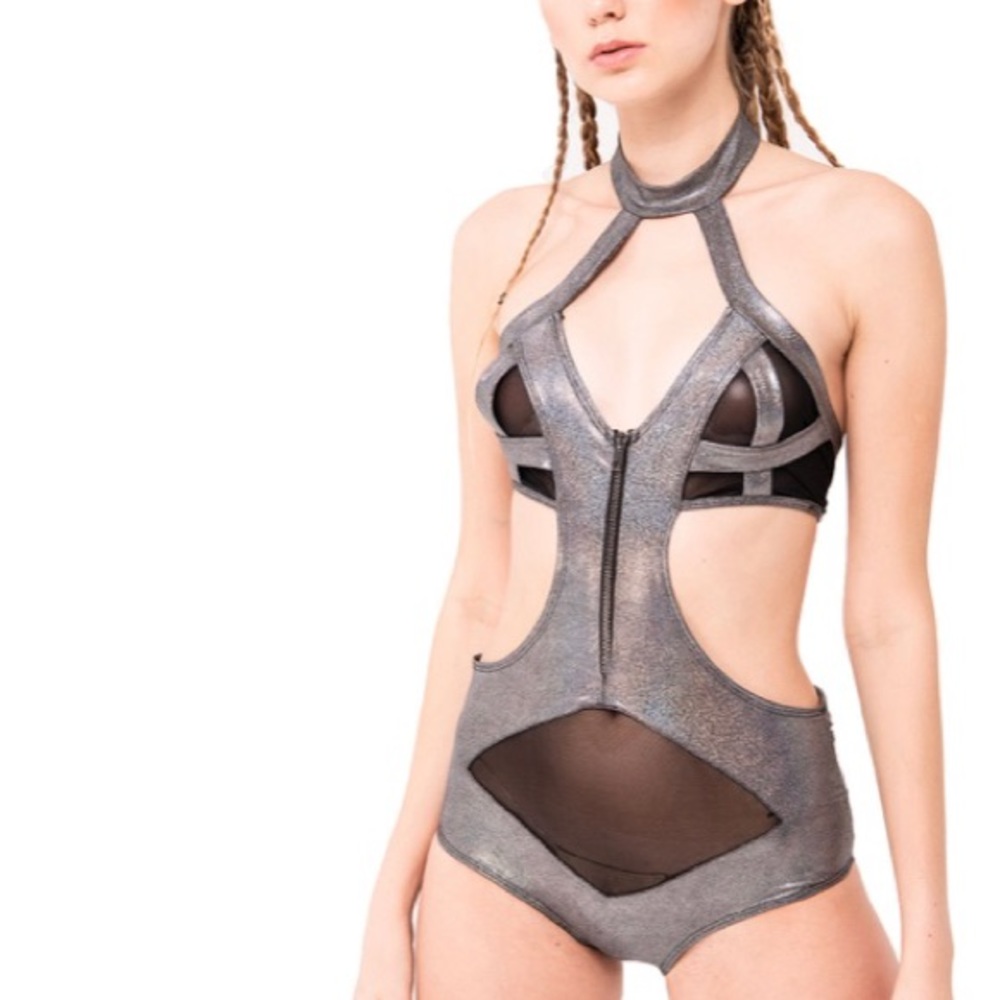 Halter neck silver bodysuit with mesh